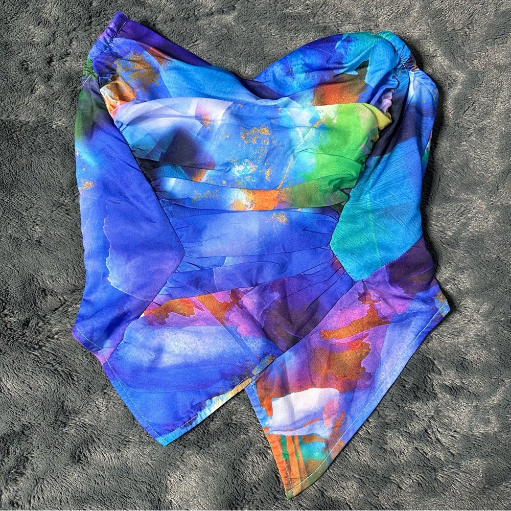 (CLEARANCE) Blue Colorful Print Asymmetric Pointed Hem Corset Strapless Top